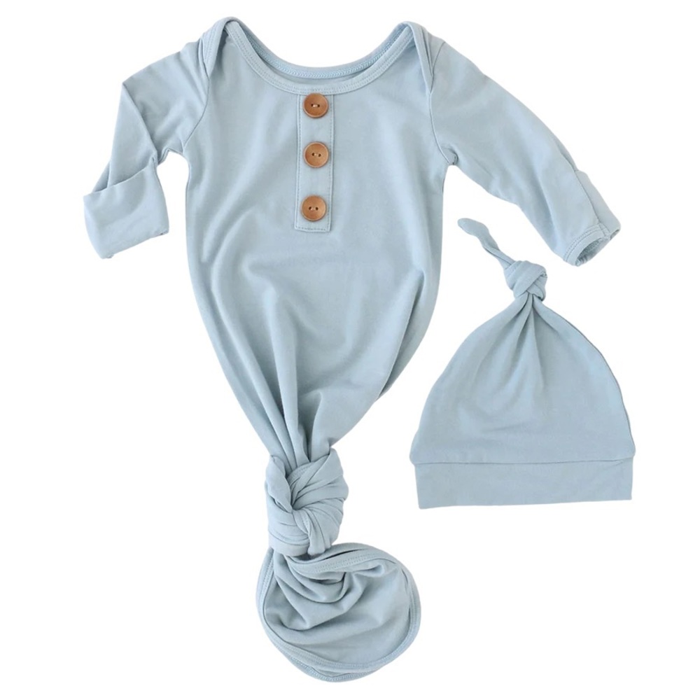 CADEN LANE SOLID LIGHT DUSTY BLUE BAMBOO KNOT NEWBORN SOFT TIE GOWN & HAT